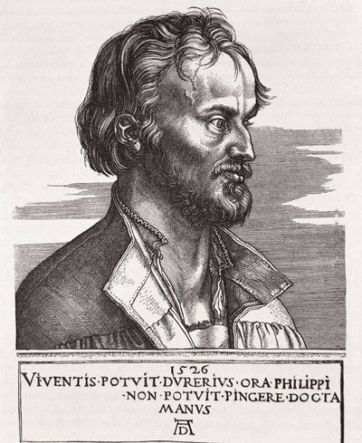 MELANCHTON, Philipp Schwarzerd, zvaný (1497-1560). Teolog a Lutherův spolupracovník (rytina) od Albrecht Dürer