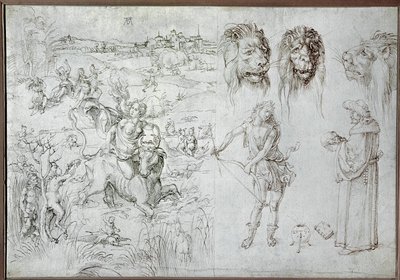 Znásilnění Evropy, lví hlavy, lučištník, šalvěj, lebka (kresba) od Albrecht Dürer or Duerer