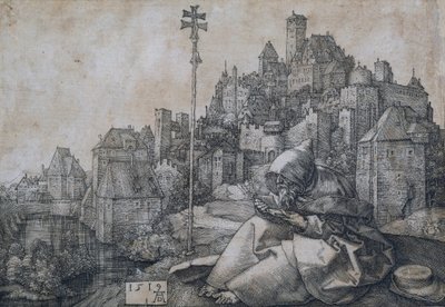 Svatý Antonín sedící před městem - mědirytina od Albrechta Durera (1471-1528) od Albrecht Dürer