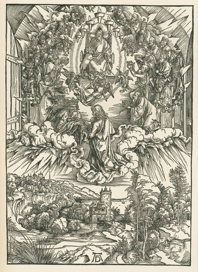 Svatý Jan před Bohem a čtyřiadvaceti staršími v nebi. Zjevení svatého Jana, kolem roku 1496 (dřevoryt) od Albrecht Dürer or Duerer