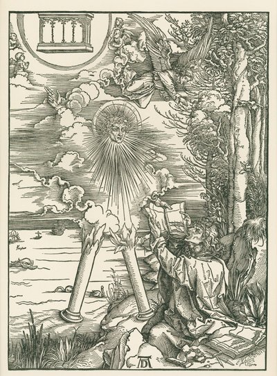 Svatý Jan požírá knihu darovanou andělem. Zjevení svatého Jana, asi 1498 (dřevoryt) od Albrecht Dürer or Duerer