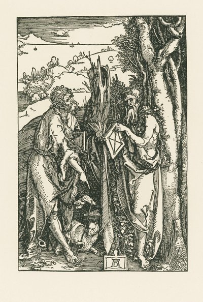 Svatý Jan Křtitel a svatý Onofrius, asi 1503-04 (dřevoryt) od Albrecht Dürer or Duerer