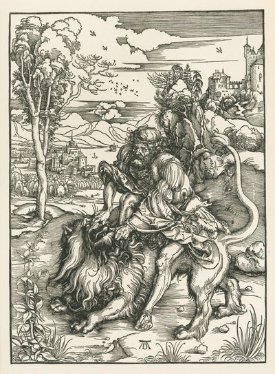 Samson zabíjí lva, asi 1497-98 (dřevoryt) od Albrecht Dürer or Duerer