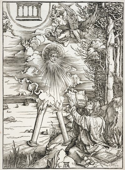 Scéna z Apokalypsy, sv. Jan požírající knihu, latinské vydání od Albrecht Dürer