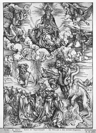 Scéna z Apokalypsy, Sedmihlavý a desetirohý drak (dřevořez) (č/b foto) od Albrecht Dürer
