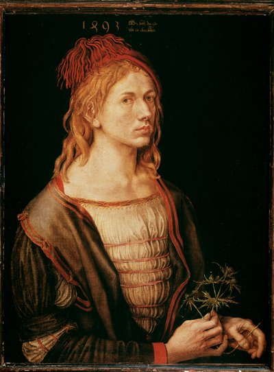 Autoportrét s bodlákem (malba, pergamenové lepidlo na plátně od Albrecht Dürer