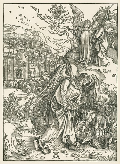 Anděl s klíčem svrhávající draka do propasti a jiný anděl ukazující svatému Janu Nový Jeruzalém, asi 1497-98 (dřevoryt) od Albrecht Dürer or Duerer