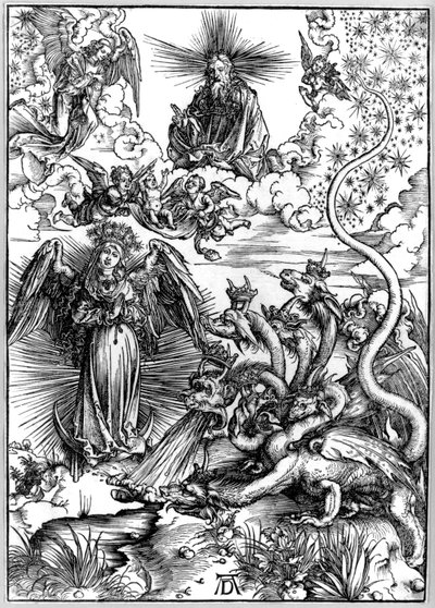 Apokalyptická žena aneb Žena oděná sluncem a sedmihlavým drakem, z Apokalypsy aneb Zjevení sv. od Albrecht Dürer
