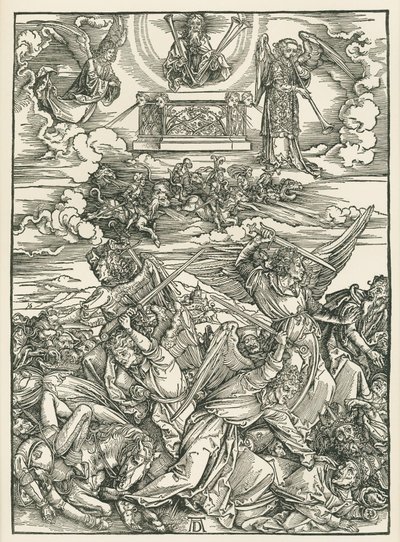 Bitva andělů. Zjevení svatého Jana, asi 1496-98 (dřevoryt) od Albrecht Dürer or Duerer