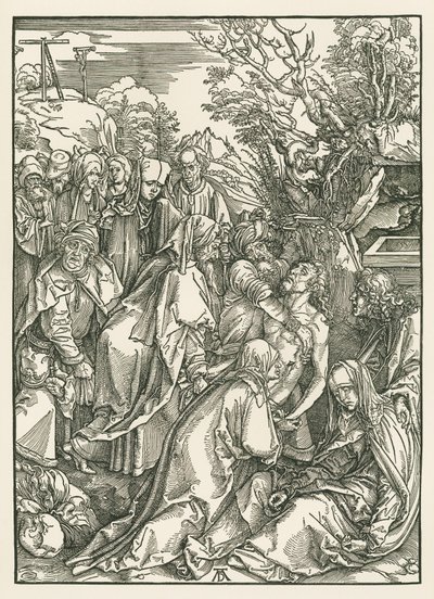 Pohřbívání do hrobu, asi 1496-97 (dřevoryt) od Albrecht Dürer or Duerer