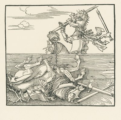 Zahraniční turnaj. Maxmilián zvedá ze sedla svého soupeře Jacopa de Heri, asi 1517-18 (dřevoryt) od Albrecht Dürer or Duerer