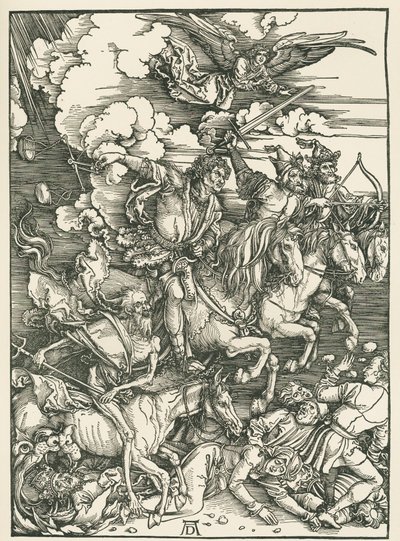 Čtyři jezdci apokalypsy. Zjevení svatého Jana, asi 1497-98 (dřevoryt) od Albrecht Dürer or Duerer