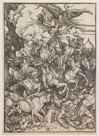 Čtyři jezdci Apokalypsy, z knihy "Apokalypsa", asi 1497-98 (dřevoryt) od Albrecht Dürer or Duerer