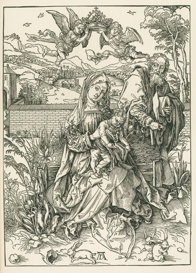Svatá rodina se třemi zajíci, asi 1497 (dřevoryt) od Albrecht Dürer or Duerer