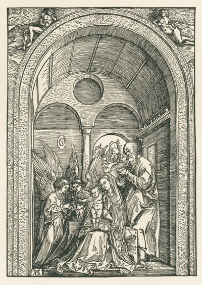 Svatá rodina se dvěma anděly na portiku, asi 1503-04 (dřevoryt) od Albrecht Dürer or Duerer