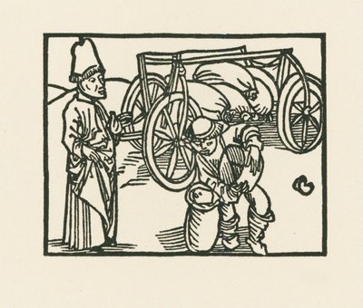 Kněz má na voze pytel a nakládá do něj oves, asi 1489-90 (dřevoryt) od Albrecht Dürer or Duerer