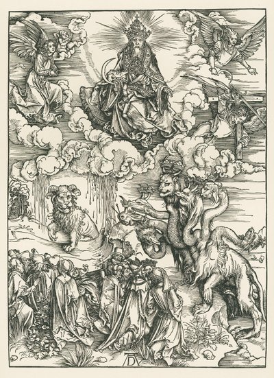 Mořská příšera a šelma s beránčími rohy. Zjevení svatého Jana, asi 1496-97 (dřevoryt) od Albrecht Dürer or Duerer