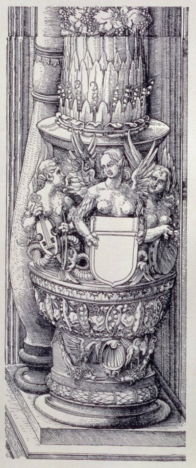 Triumfální oblouk německého císaře Maxmiliána I. (1459-1519): detail centrální Brány cti a moci, levá sloupová základna zdobená pásy listoví a okřídlenými ženskými gryfy, datováno 1515, pub. 1517/18 (dřevořez) od Albrecht Dürer