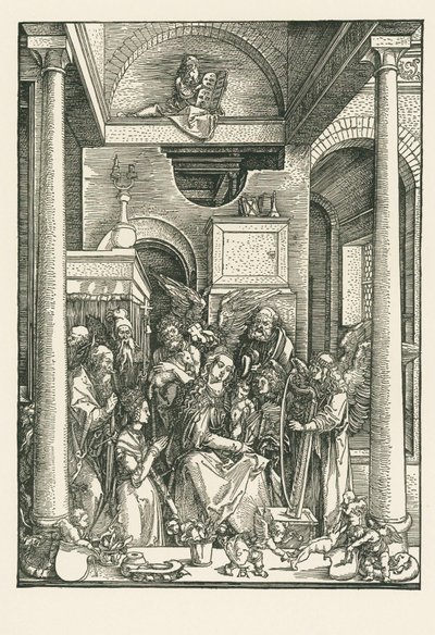 Panna Maria uctívaná anděly a světci, asi 1502 (dřevoryt) od Albrecht Dürer or Duerer