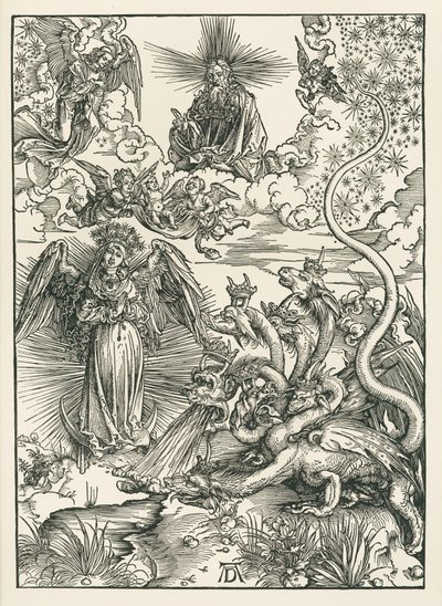 Žena oděná sluncem a sedmihlavý drak. Zjevení svatého Jana, asi 1497 (dřevoryt) od Albrecht Dürer or Duerer