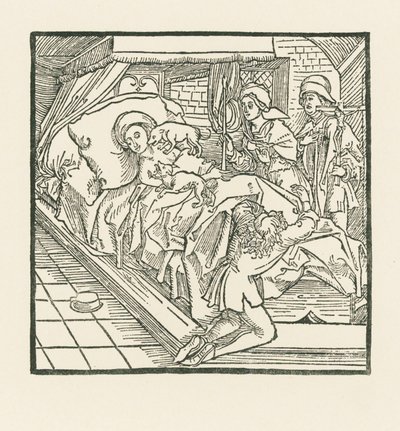 Vznešenou dvorní dámu, která tak dobře krmila své psy, ale chudým dovolila hladovět, po její smrti psi olizují, až je černá jako uhel. od Albrecht Dürer or Duerer