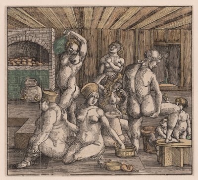 Dámské lázně, Duerer, Albrecht (1471-1528). Dřevoryt, akvarel, c. 1500. Rozměry: 21,8x23,9 cm. Soukromá sbírka od Albrecht Dürer