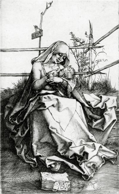 Panna a dítě sedí na lavičce v trávě od Albrecht Dürer