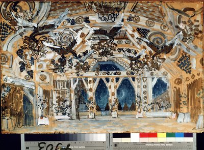 Decor pour la piece de theatre La Dame de la mer de Henrik (Henri) Johan Ibsen (1828-1906) (scéna k divadelní hře Dáma z moře od H. Ibsena). Oeuvre de Alexander Yakovlevich Golovin (Alexandre Golovine) (1863-1930), pastel na kartonu od Aleksandr Jakovlevic Golovin