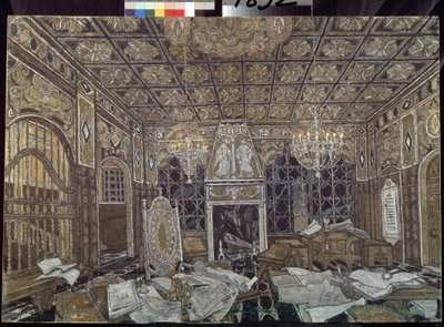 Příprava dekorace pro kus "Othello"" od Williama Shakespeara (1564-1616) (scéna pro hru Othello od Williama Shakespeara) - Malířka Alexandra Jakovleviče Golovina (Alexandre Golovine) (1863-1930), tempera sur bois od Aleksandr Jakovlevic Golovin