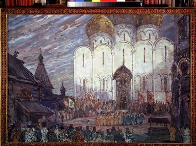 Přípravná výzdoba pro operu "Boris Godunov"" Modeste Musorgského (1839-1881) (scéna k opeře Boris Godunov, M.Moussorgsky). Dílo Alexandra Jakovleviče Golovina (Alexander Golovin) (1863-1930), kvaš na kartonu od Aleksandr Jakovlevic Golovin