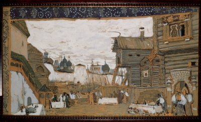 Přípravná výprava k opeře Pskovská panna od Nicholase (Nikolaje) Rimského Korsakova (Rimsky-Korsakov) (1844-1908) (scéna pro operu Pskovská panna od N. Rimského Korsakova (Rimsky-Korsakov). Pohled na místo pro dětské anime od Aleksandr Jakovlevic Golovin