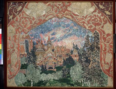 Přípravná výzdoba k opeře Kouzelné zrcadlo Arseniho Koreččenka (1870-1921) (scéna k opeře Kouzelné zrcadlo A. Koreščenka). Popis ruského města v lese, orámovaného zdobenými závěsy. Umělecké dílo Alexandra Jakovleviče od Aleksandr Jakovlevic Golovin