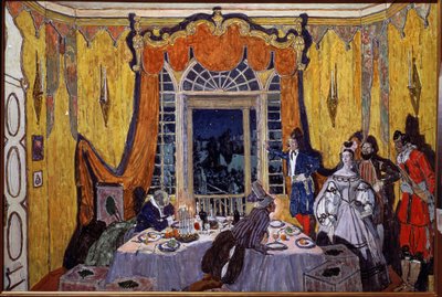 Přípravná výzdoba pro operu "Le guest de pierre"" Alexandra Dargomyjského (1813-1869) (scéna k opeře Kamenný host od A. Dargomyžského). Malba Alexandra Jakovleviče Golovina (Alexander Golovin) (1863-1930), olej na dřevě od Aleksandr Jakovlevic Golovin