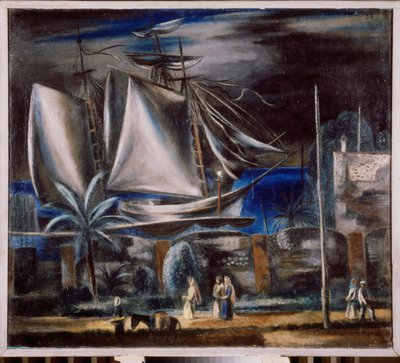 Port marin, la nuit (Vysoká loď kotví na Černém moři) - Mořský přístav v noci - Malba Alexandra Vasiljeviče Ševčenka (Alexander Ševčenko) (1883-1948), olej na plátně od Aleksandr Vasilievich Shevchenko