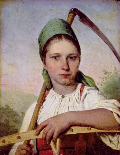 Selská žena s kosou a hráběmi, kolem roku 1825 (olej na desce) od Aleksei Gavrilovich Venetsianov