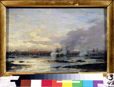 Velká severní válka (1700-1721): ""Bitva u Gangutu, která viděla vítězství ruské flotily (včetně Gangutského kyrysu) nad švédskou flotilou dne 08.07.1714"" Obraz Alexeje Petroviče Bogolyubova (Bogoliubov nebo Bogoliubov) ) (1824-1896) 1876 Stát A od Aleksei Petrovich Bogolyubov