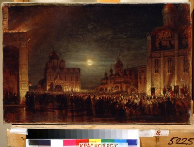 Velikonoční maturanty. Shromáždění za úsvitu davu praktikujících, nesoucích zapálené svíčky, kolem kněží a biskupů k oslavě liturgického svátku na náměstí orámovaném kostely. Obraz Alexeje Petroviče Boga od Aleksei Petrovich Bogolyubov