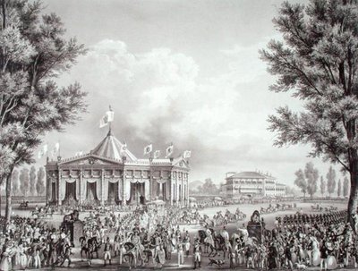 Průvod kolem pavilonu postaveného u příležitosti korunovace Ferdinanda I. (1793-1875) od Alessandro (after) Sanquirico
