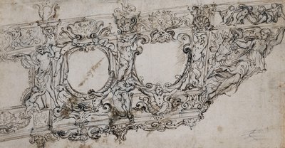 Návrh pro příď galerie papeže Urbana VIII. s Barberini paží včel a slunce, Ignudi, Tritony, hippocampy, Putti a alegorie vítězství jako loutka pod písmeny VRBA In od Alessandro Algardi