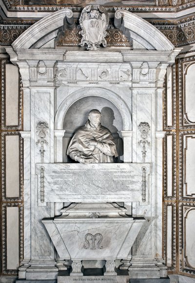 Pohřební pomník na počest kardinála Giovanni Garcia Melliniho s portrétem v bustě Mramorová socha od Alesssandra Algardiho (1598-1654) 1630 kolem římské baziliky Santa Maria del Popolo, Cappella Mellini od Alessandro Algardi