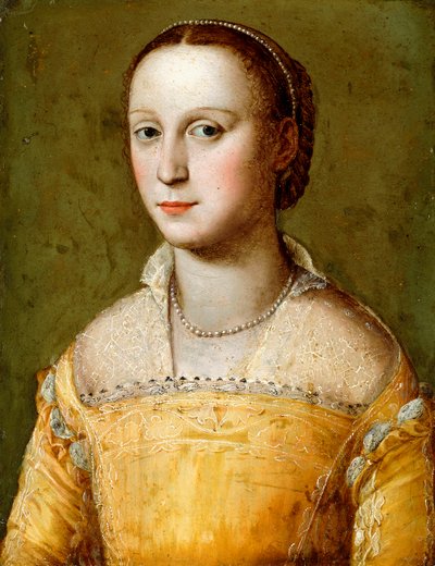 Portrét polodlouhé Eleanory d"Este ve zlatých šatech, od Alessandro Allori