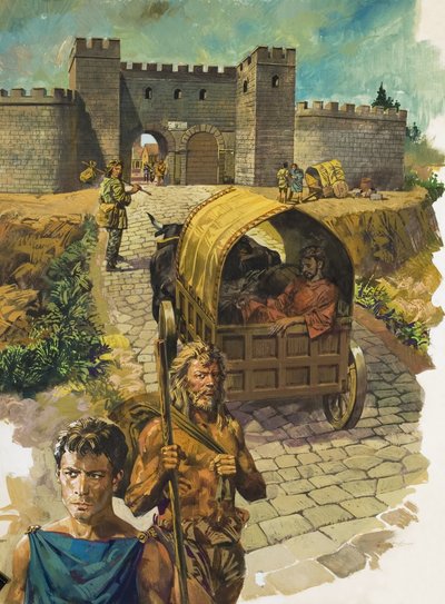Vůz vjíždějící do opevněného města v římské Británii (kvaš na papíře) od Alessandro Biffignandi