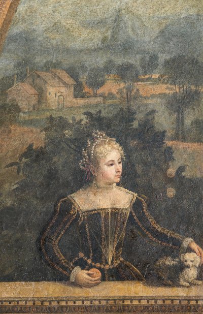 Portrét šlechtičny, detail Malé komnaty urozených dam (olej na plátně nalepeném na stěnách) od Alessandro Bonvicino Moretto