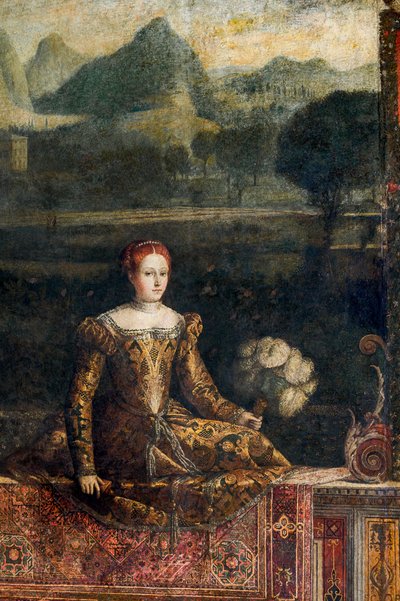 Portrét šlechtičny, detail Malé komnaty urozených dam (olej na plátně nalepeném na stěnách) od Alessandro Bonvicino Moretto