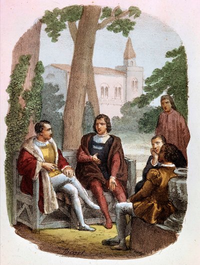 Fabrizio Colonna a Cosimo Rucellai diskutují o umění války – v „“ Complete Works by Niccolo Machiavelli “, ilustrace Alessandra Focosiho (1836 - 1869). „Umění války“ od Niccolo di Bernardo dei Machiavelli (Nicolas Machiavel od Alessandro Focosi