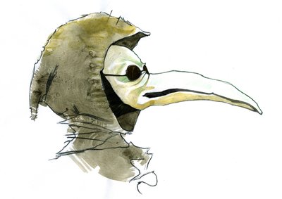 Morový lékař na sobě masku podobnou zobáku, která byla plná aromatických předmětů od Alessandro Lonati