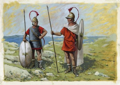 Starověké Řecko: tureoforský žoldák (Thureophoros nebo Thureophoroi) (3.-1. století př. n. l.) (vpravo) a torakité (Thorakitai) (vlevo). Kresba Alessandro Lonati od Alessandro Lonati