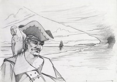 Karibian merirosvo papukaijan kanssa etsimässä aarretta rannalla sijaitsevasta luolasta galleonin kanssa. Piirustus Alessandro Lonati. od Alessandro Lonati