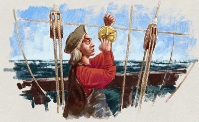 Kryštof Kolumbus počítá trasu s astrolábem (ilustrace) od Alessandro Lonati