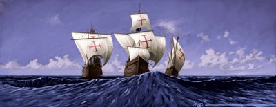 Objevte Ameriku: „Pinta“, „Nina“ a „Santa Maria“, karavely Kryštofa Kolumba během expedice v roce 1492. Ilustrace Alesandro Lonati. 2010 od Alessandro Lonati